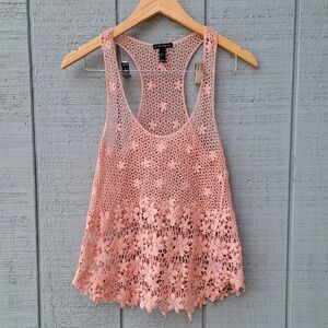 y2k Fang Crochet Floral Lace Raceback Tank Blouse Beach Boho Festival sz S Pink